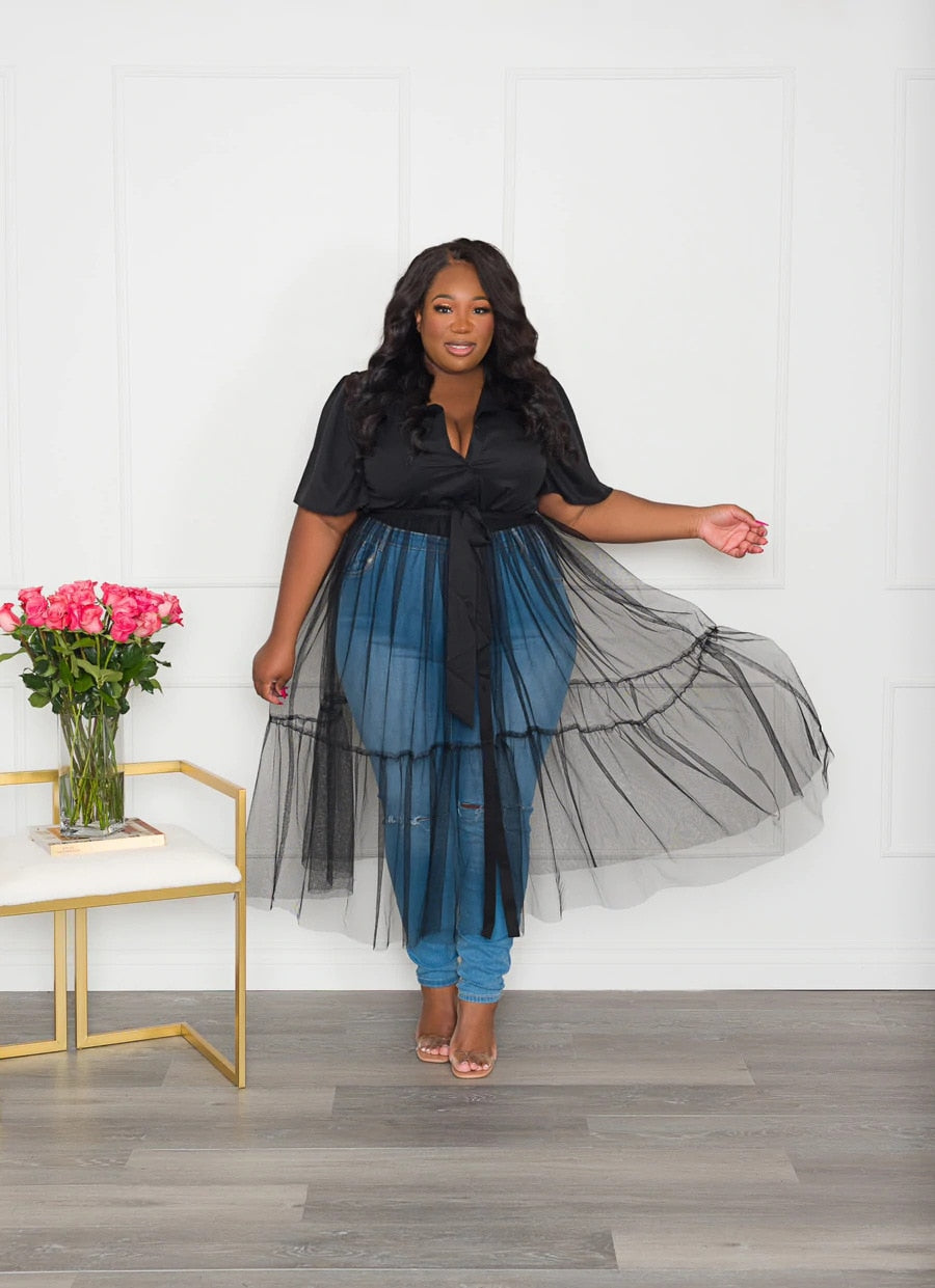 Plus size Short sleeve collard top with mesh bottom