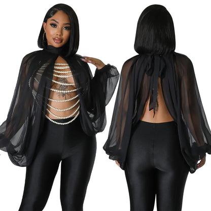 Sexy Batwing Long Sleeve Front Split See Through Blouse