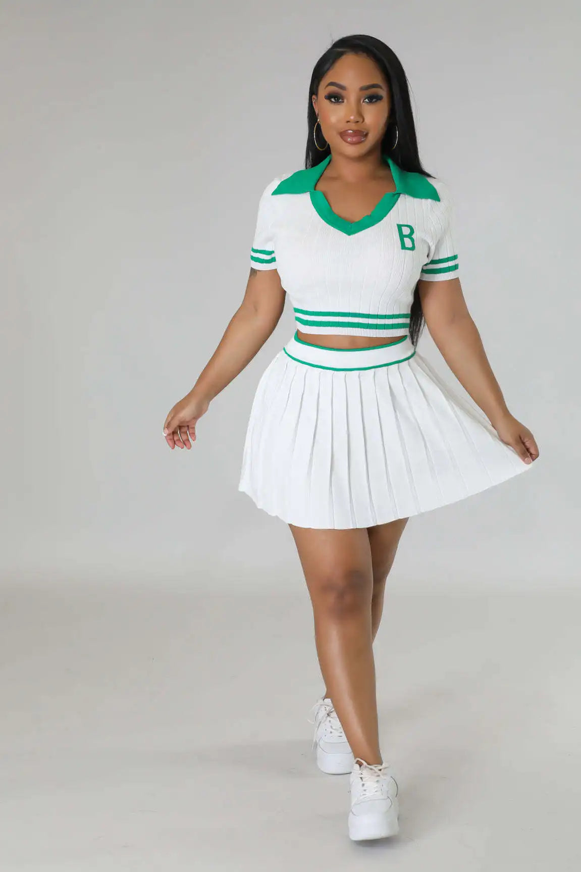 Baddie Pleated Tennis Skirt Set with matching polo Crop Top