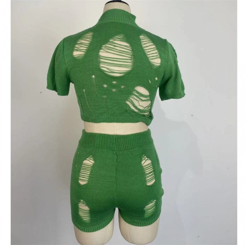 Two- Piece Sexy Knitted Ripped Set