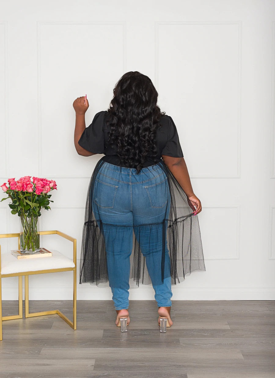 Plus size Short sleeve collard top with mesh bottom