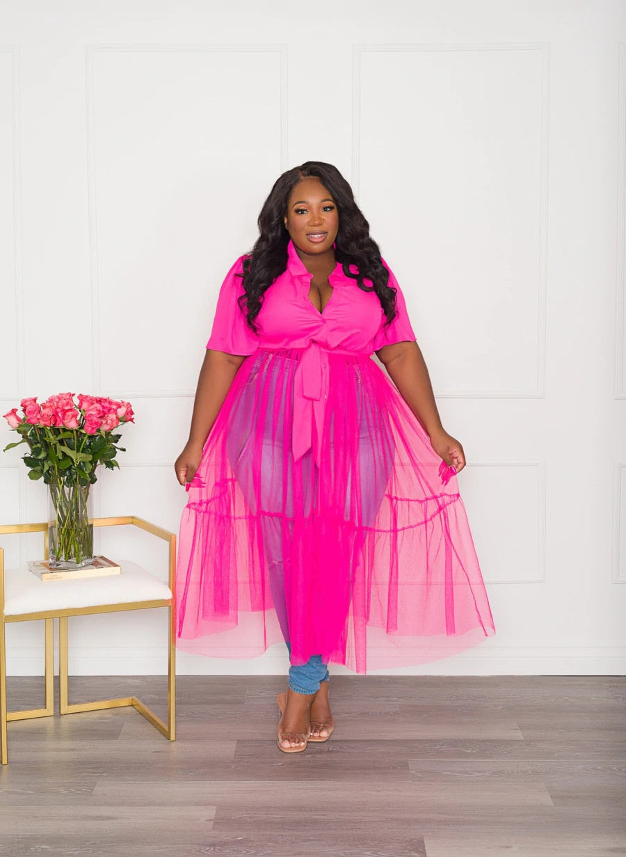 Plus size Short sleeve collard top with mesh bottom