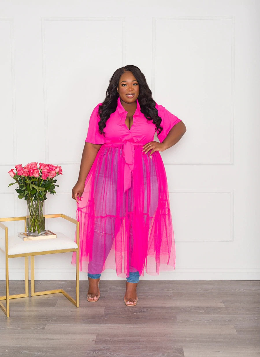 Plus size Short sleeve collard top with mesh bottom