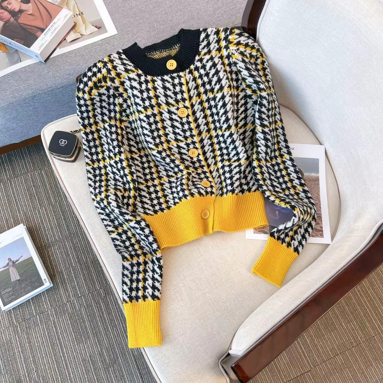Houndstooth Knitted Rich Auntie Sweater