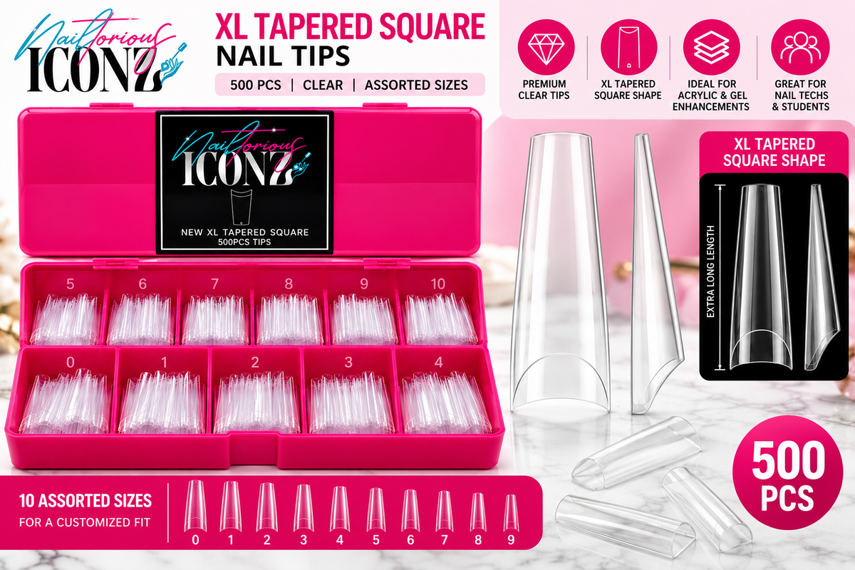 Nailtorious Iconz XL Tapered Square Nail Tips – Clear Well Tips, 500 PCS