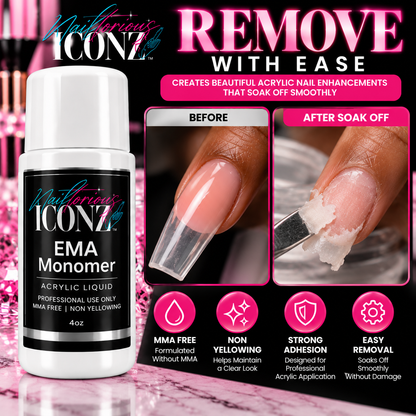 Nailtorious Iconz EMA Monomer acrylic nail enhancements showing professional soak-off removal