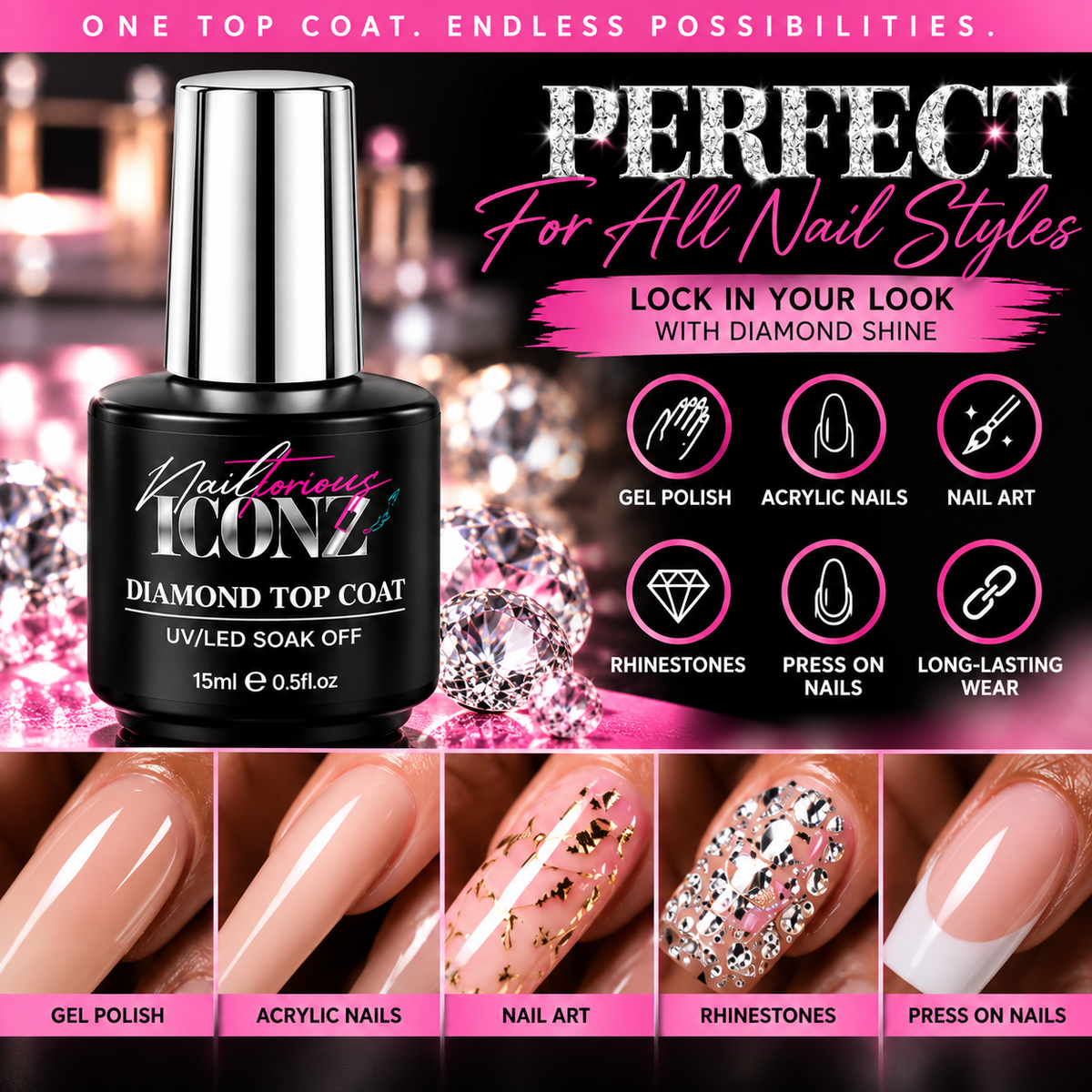 Nailtorious Iconz No Wipe Gel Top Coat – Diamond High Gloss, 15mL