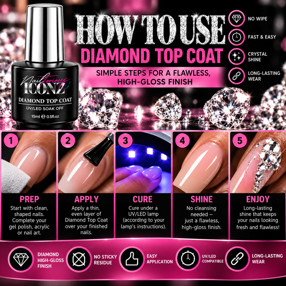 Nailtorious Iconz No Wipe Gel Top Coat – Diamond High Gloss, 15mL