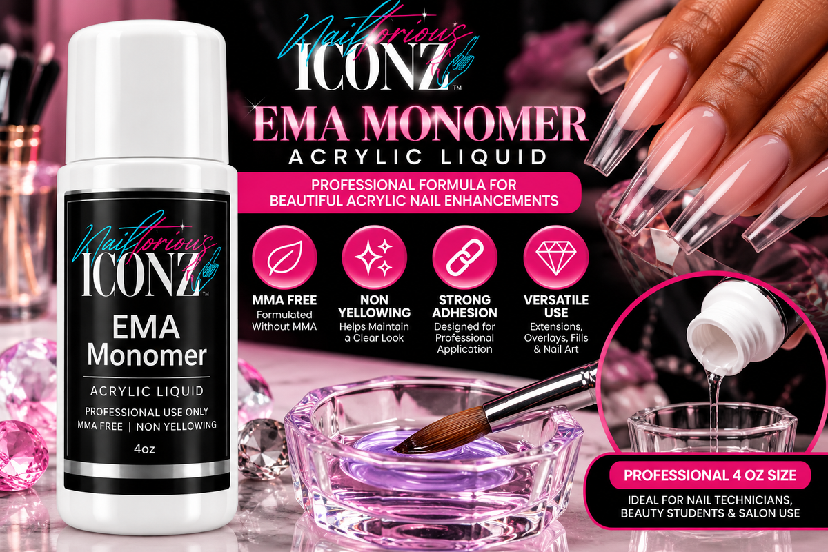 Nailtorious Iconz EMA Monomer Acrylic Liquid for professional acrylic nail extensions, overlays and fills
