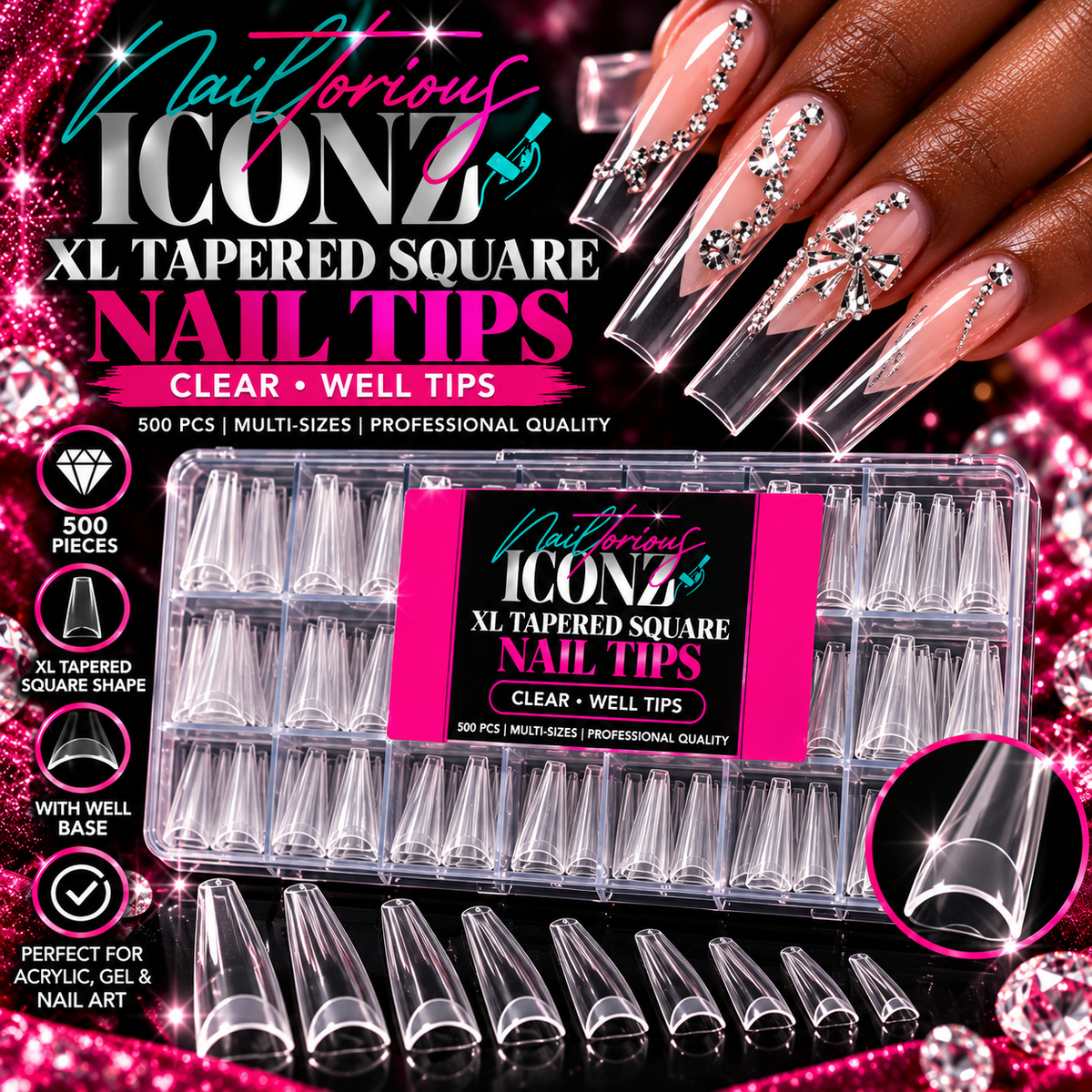 Nailtorious Iconz XL Tapered Square Nail Tips – Clear Well Tips, 500 PCS