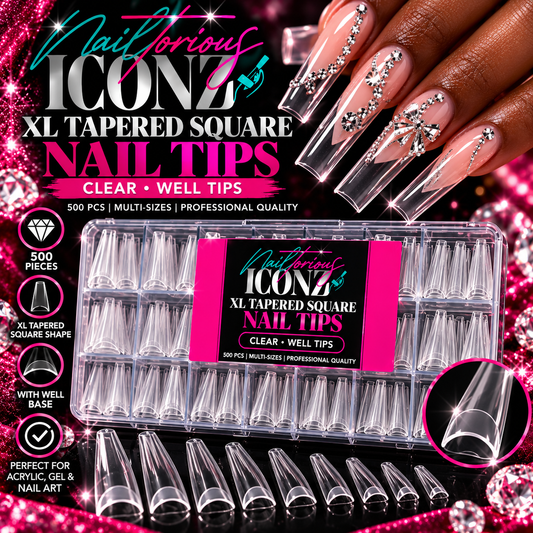 Nailtorious Iconz XL Tapered Square Nail Tips – Clear Well Tips, 500 PCS