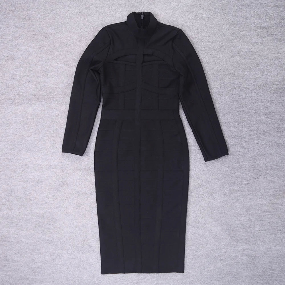 Hollow Out Bandage Dress  Long Sleeve Bodycon