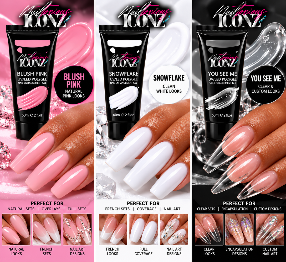 Nailtorious Iconz Hybrid PolyGel Nail Kit – Pink, White & Clear