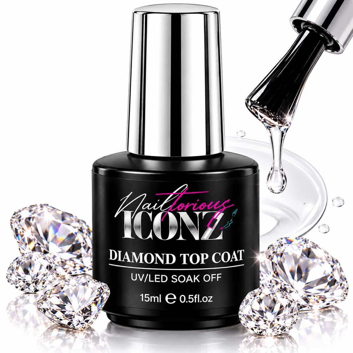 Nailtorious Iconz No Wipe Gel Top Coat – Diamond High Gloss, 15mL