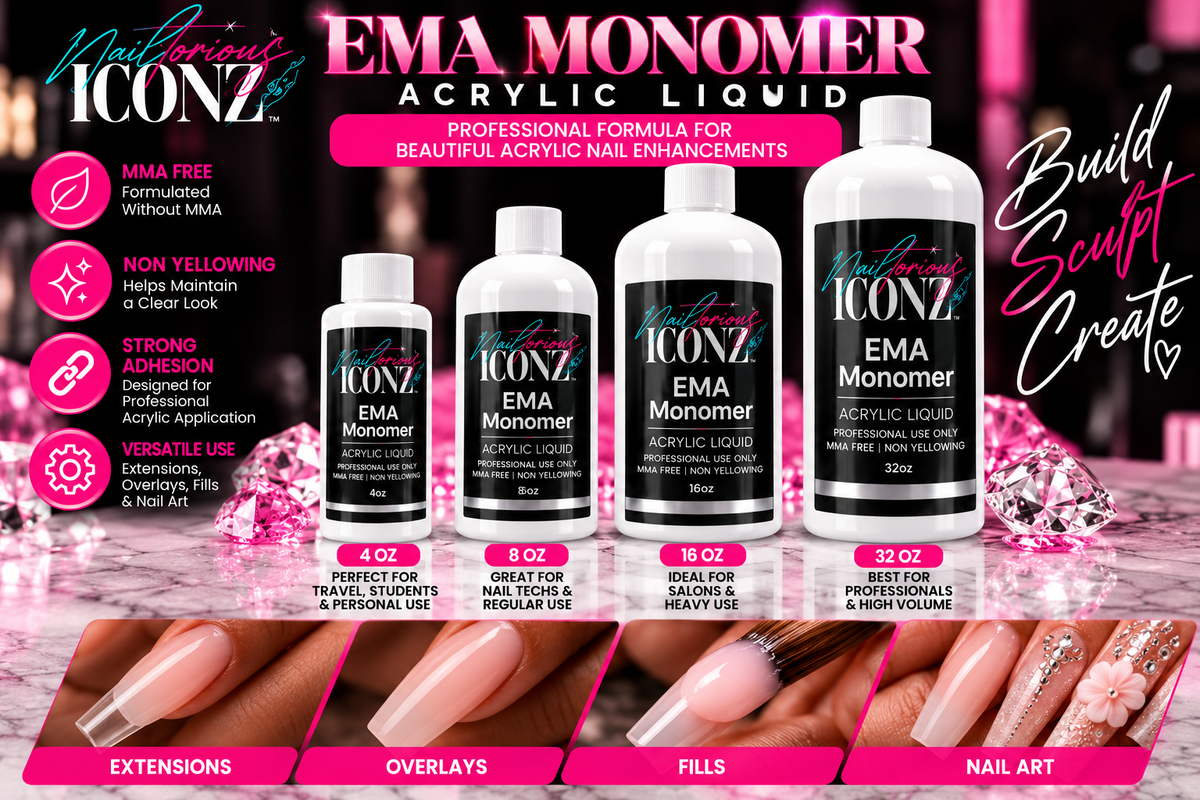 Nailtorious Iconz EMA Monomer 4 oz, 8 oz, 16 oz and 32 oz for acrylic extensions, overlays, fills and nail art