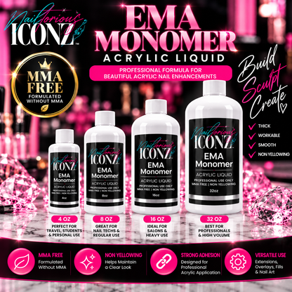 Nailtorious Iconz EMA monomer acrylic nail liquid available in 4 oz, 8 oz, 16 oz and 32 oz sizes