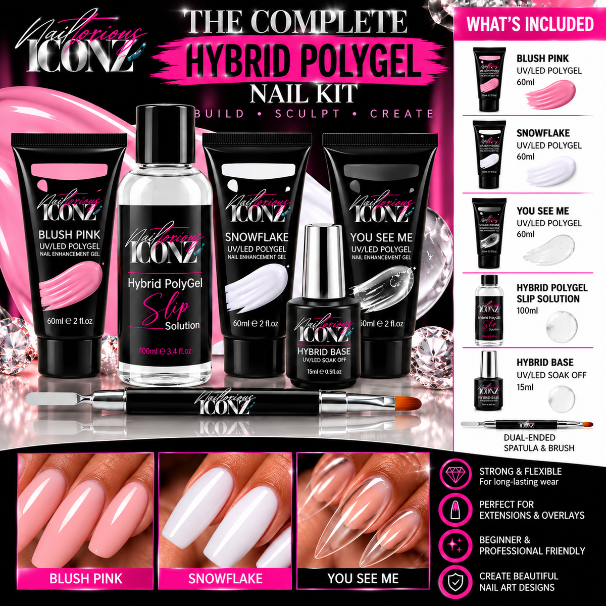Nailtorious Iconz Hybrid PolyGel Nail Kit – Pink, White & Clear