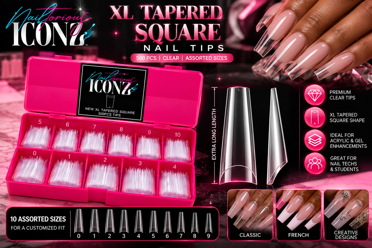 Nailtorious Iconz XL Tapered Square Nail Tips – Clear Well Tips, 500 PCS