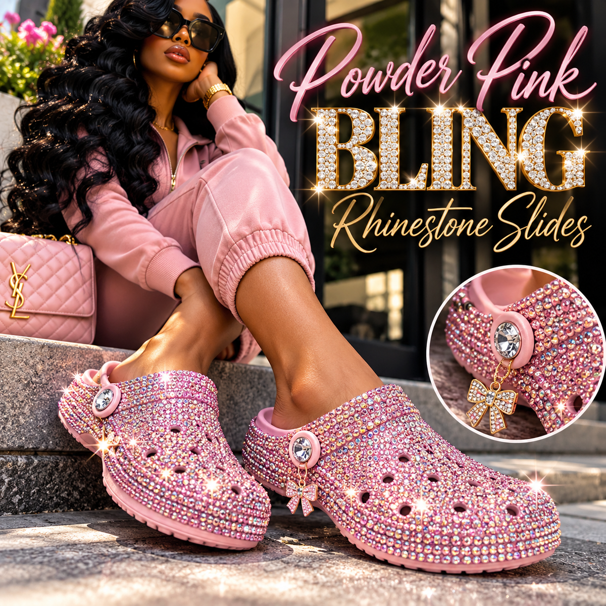 Powder Pink Blinged Out Rhinestone Slides