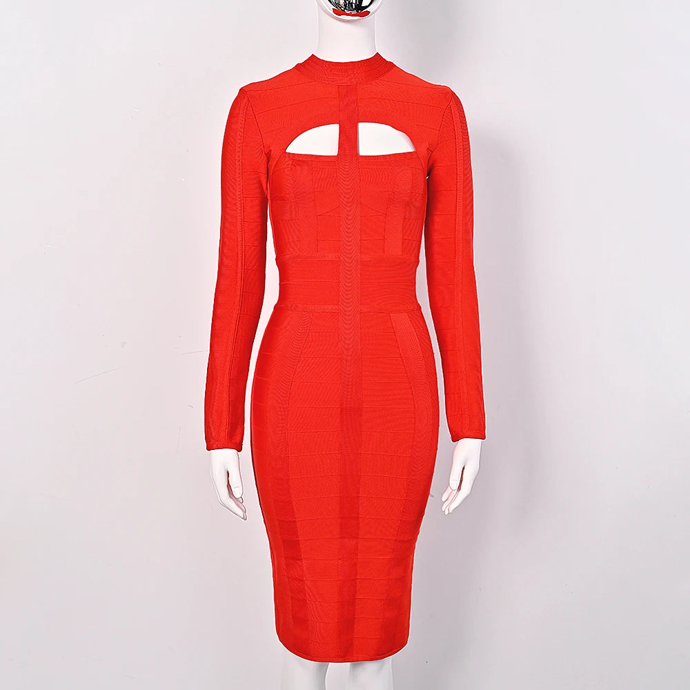 Hollow Out Bandage Dress  Long Sleeve Bodycon