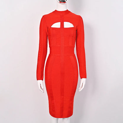 Hollow Out Bandage Dress  Long Sleeve Bodycon