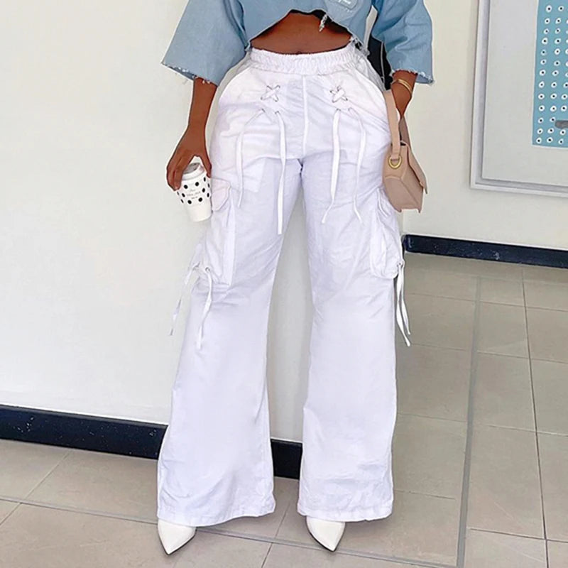 Lace Up White Cargo Pants