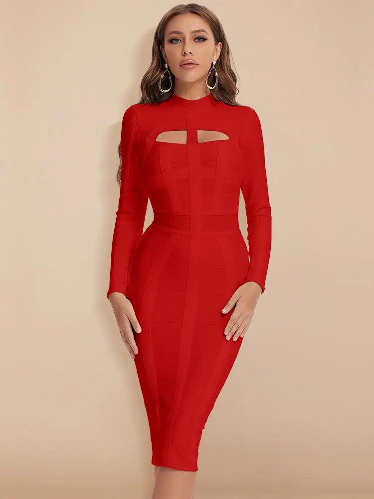Hollow Out Bandage Dress  Long Sleeve Bodycon