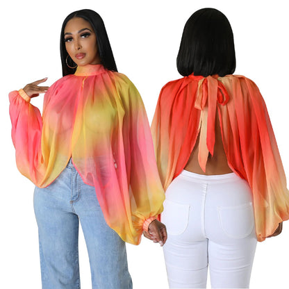 Sexy Batwing Long Sleeve Front Split See Through Blouse