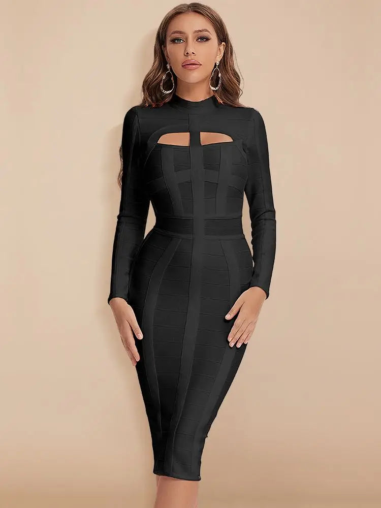 Hollow Out Bandage Dress  Long Sleeve Bodycon