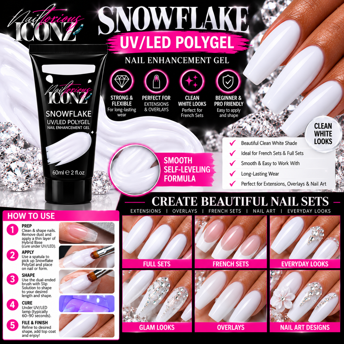 Nailtorious Iconz Hybrid PolyGel Nail Kit – Pink, White & Clear