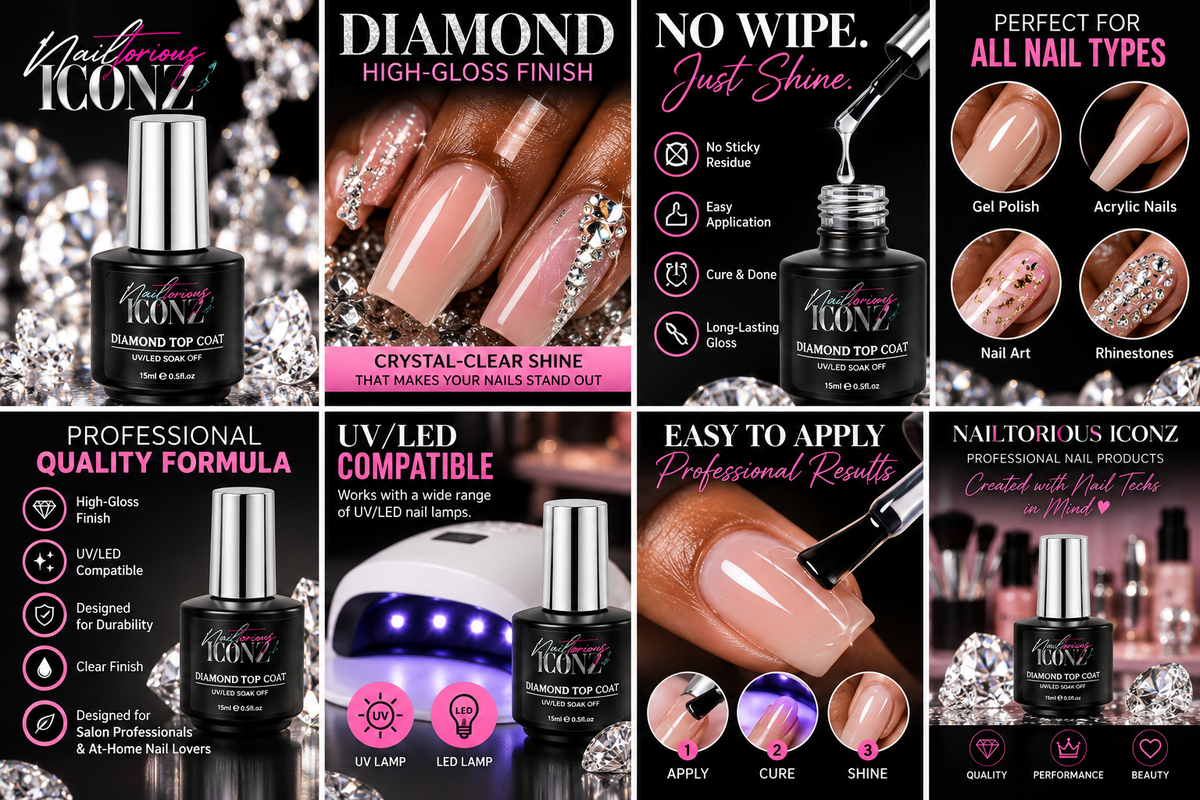 Nailtorious Iconz Diamond No Wipe Gel Top Coat high gloss UV LED product benefits